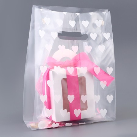 Polyethylene square package with a cut handle, packaging, "hearts", 17x33+17cm ± 5% 60 μm-1