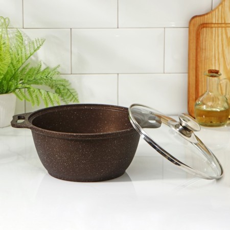 Pan, 2 l, d = 22 cm, h = 15 cm, glass cover, anti -stick coating, color coffee marble-1