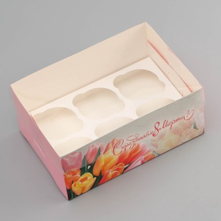 Box for 6 cupcakes with a transparent cover, "Happy March 8", 23 × 16 × 10 cm, confectionery packaging-2