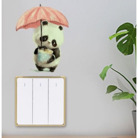 The plastic sticker glows in the dark on the switch "Panda with an umbrella and a mug" 10x12 cm