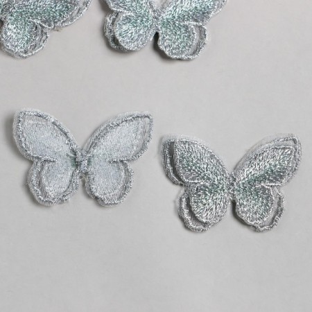 Decor for creativity Textile Embroidery "Silver butterfly" double wings 3.7x4.5 cm
