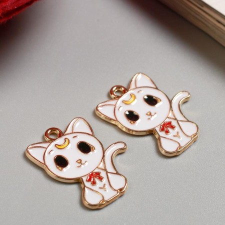 Decor for creativity metal, enamel "White kitten with red bow" gold 2.3x1.9 cm-1