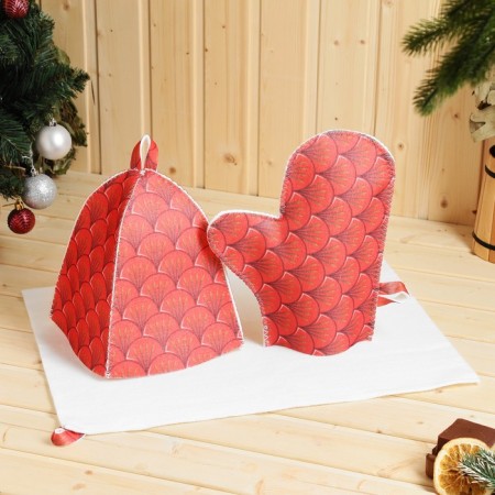 A set for a bath with a print "Fire Dragon": a hat, mitten, rug, red