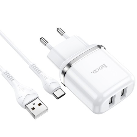 Nice charger Hoco N4, 2 USB - 2.4 A, Type -C 1 m cable, white-1