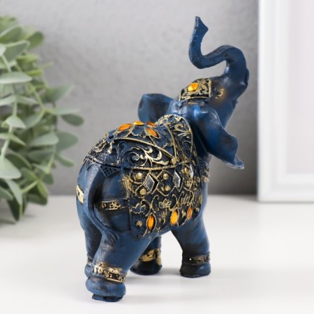 Souvenir Polystone "Blue Elephant in Popon with a golden pattern and mirrors" 14x7x11 cm-1