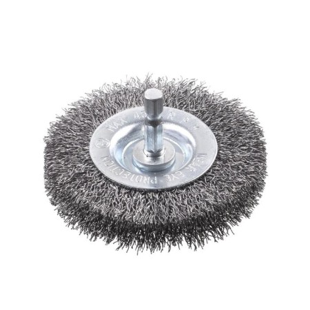 The brush is flat for the KWB drill, hard, d = 75 mm, wire d = 0.35 mm, shank d = 6 mm, steel HSS 70