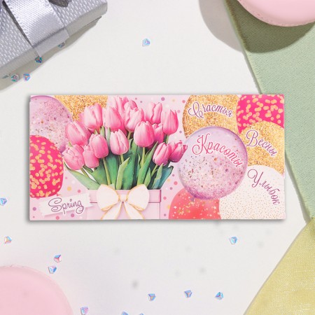 The envelope for the money "Spring! Beauty! Happiness!" Glitter, Congrev, pink tulips, 17x8 cm-2