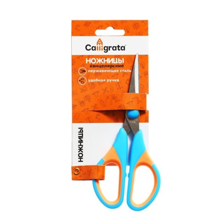 Office scissors 14 cm, plastic handles with rubber inserts, the ends are sharp, mix-1