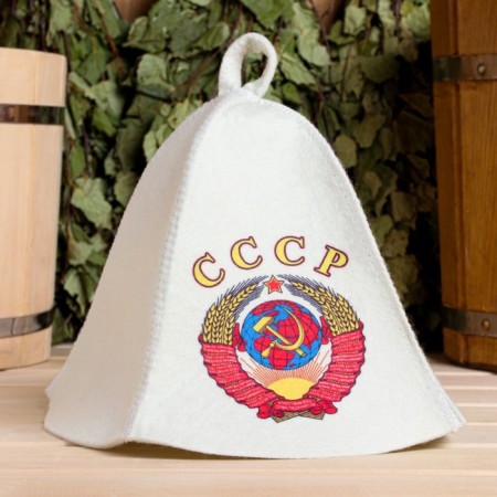 Set for a bathhouse and sauna 5 in 1 (bag, hat, mitten, rug, washcloth), with a print "USSR", white-5