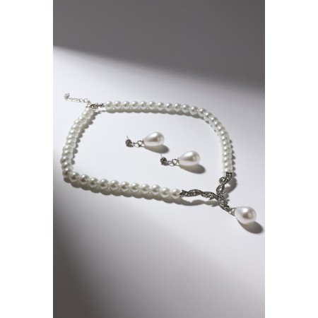 Set 2 objects: earrings, necklace “vernissage” pearl drop, white color in silver, 45 cm-5