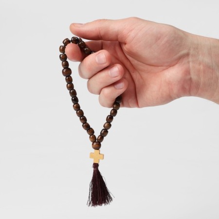 Parsing wooden "Orthodox" with a cross, brush, 33 beads, brown color-2