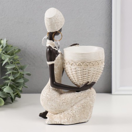 Souvenir Polystone stand "African sits, with a wicker pot" White 14x9x24 cm-3