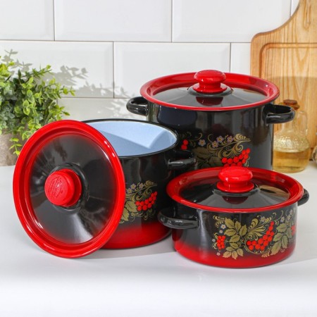 Set of pots "Ryabinka", 3 subjects: 2 l, 3.5 l, 5.5 l, enameled covers, induction-1