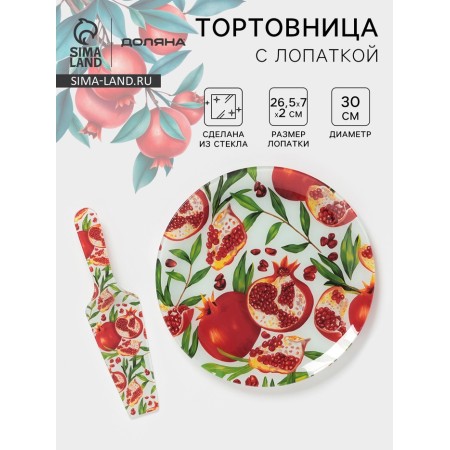 Cake with a spatula of the share "grenade", 2 items: dish d = 30 cm, spatula 26.5 × 7 × 2 cm, glass, drawing