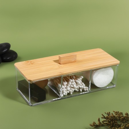 Bamboo organizer for storage, with a lid, 3 sections, 23.3 × 9.4 × 8.9 cm, the color is transparent/brown-4