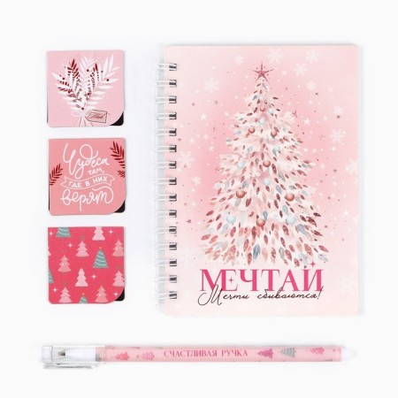 Gift set New Year's notebook on a spiral, magnetic bookmarks 3 pcs and a plastic pen “Dream! Dreams come true "-1
