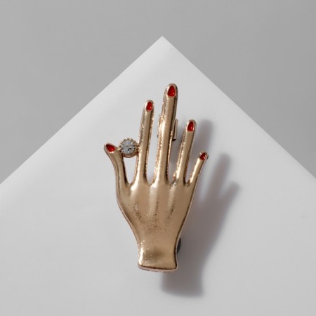 Brooch "Hand" with manicure, red-white color in gold