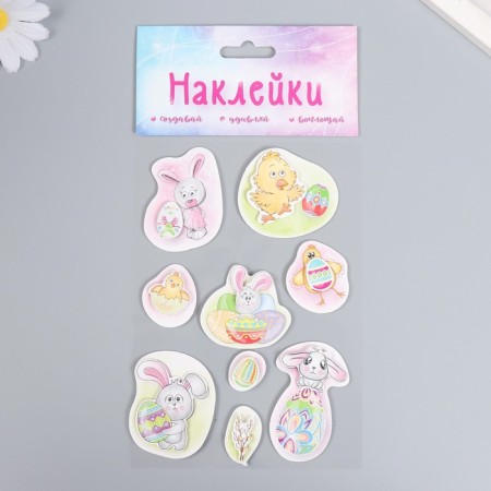 Cardboard sticker 2 layers "Easter bunnies and chickens" 17x12 cm