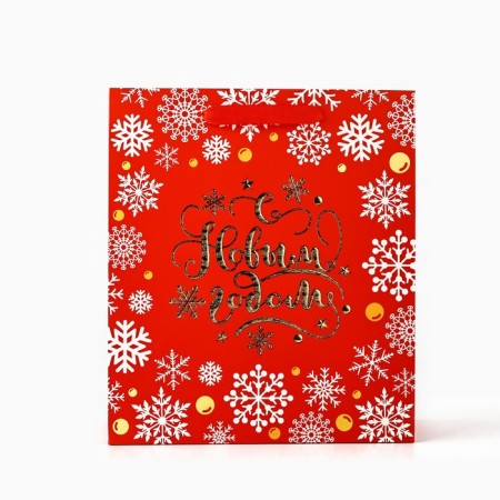 Package Gift New Year Laminated "Golden Snowflakes", M 30 x 26 x 9 cm, New Year-1