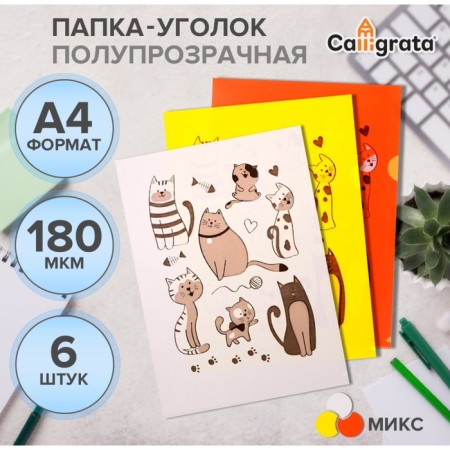 A set of A4, 180 μm folders, calligrata "cats", translucent, 6 pieces, with print, mix