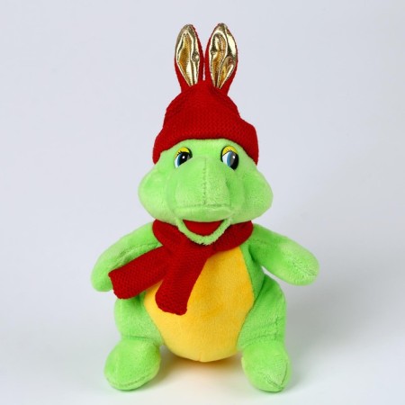 Soft toy "Dragon", in a red hat with ears, 15 cm, green color