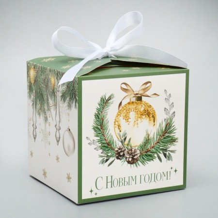Folding box “Happy New Year!”, Christmas tree decorations, 12 x 12 x 12 cm, New Year-1