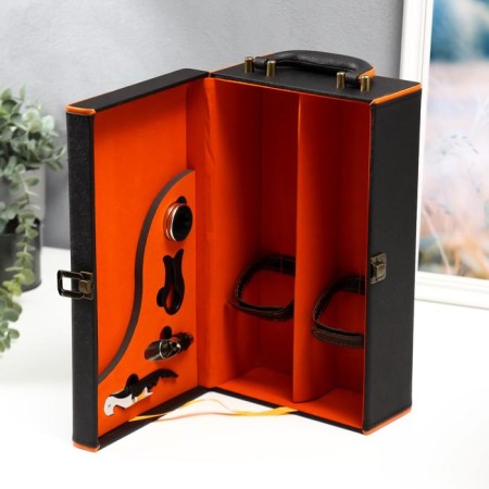 Casket wood, leatherette for 2 bottles "black with orange insert" 4 items 34.5x20x12 cm 51968-1