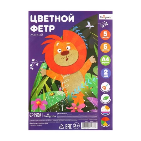 Color felt set, thick-2 mm, A4 format, soft, 5 sheets, 5 colors, bright colors-4