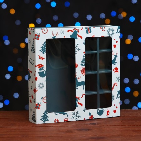 New Year. Box for 8 sweets and chocolate, 17.7x17.7x3.8 cm, confectionery packaging-1