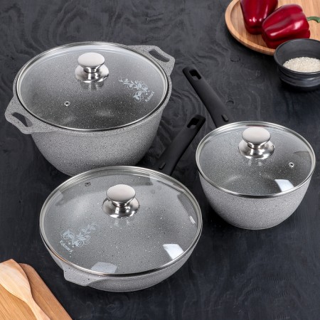 A set of kitchen utensils “Marble No. 4”, a lid, a removable handle, anti -stick coating, color light marble