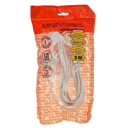 UNIVERSAL USh-16 extension cord, 1 outlet, 5 m, 16 A, 3500 W, PVS 3x1 mm2, with salary, white-1