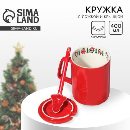 Ceramic mug with a spoon and lid "Penguins", 400 ml, red color