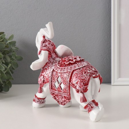 Souvenir Polystone "White Elephant. Burgundy Popon with Flower and Straza" 17.5x9x17 cm-2