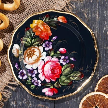 Zhostovsky tray "peonies", black, with copyright painting, d = 17 cm