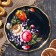 Zhostovsky tray "peonies", black, with copyright painting, d = 17 cm