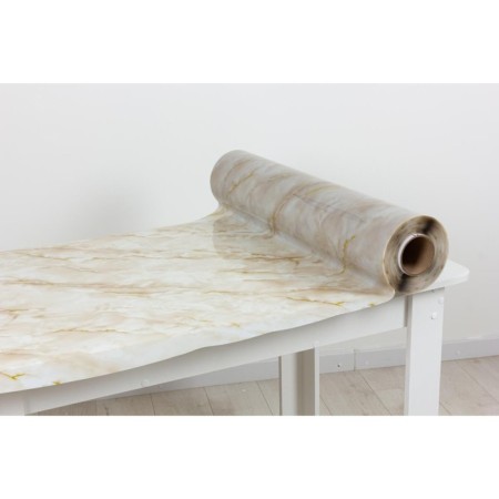 The oilcloth is transparent 0.8 mm, beige marble drawing, roll 20 pp.