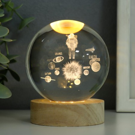 Souvenir glass backlight "Cosmonaut and planet" D = 8 cm stand wood, USB 8x8x9.5 cm