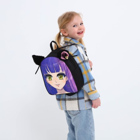 School textile backpack with ears on the hairpins "Anime", 27x23 cm, black/purple-21