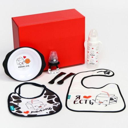 Gift set “I love milk” 7 in 1: bottle, bib 2 pcs., Nibbler, set of dishes: plate, fork, spoon