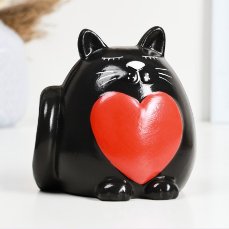 Piggy bank "Round Cat with Heart" Black, 14cm-1