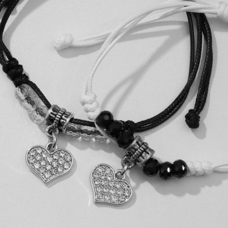 Bracelets "Demetrons" two hearts with beads, black and white color, 8 cm-1