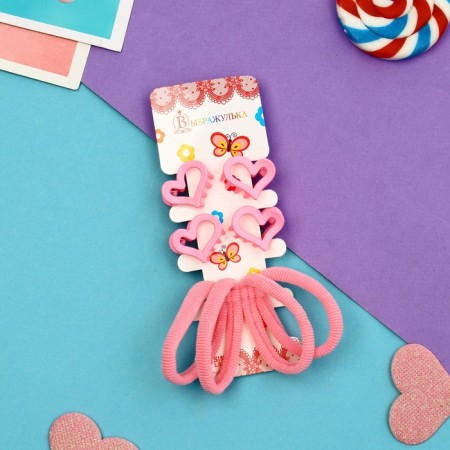 Hair set "Olivia" (4 elastic bands 4 cm, 4 crab 2.5 cm) heart, pink