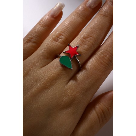 Set: earrings, anime ring star and drop, green-pink color in silver-5