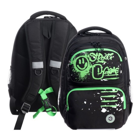 School backpack, 39 x 28 x 20 cm, Grizzly, ergonomic back, laptop department, black