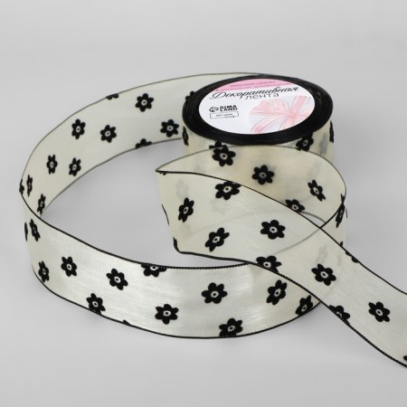 Kapron tape "Flowers", with velvet embossing, 25 mm × 9.1 ± 0.5 m, beige color/black