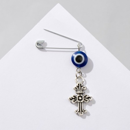Pin-shaped pins “Protection from the evil eye”, cross, 2.2 cm, white-blue color in silver-1