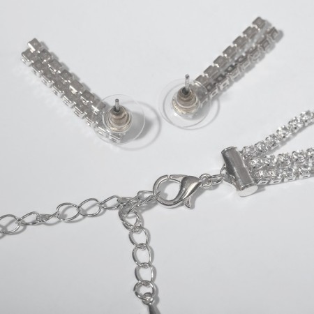 Set 2 objects: earrings, necklace "Waterfall" three threads, white color in silver, 44 cm-1