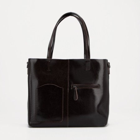 Luggage bag with a zipper, 3 external pockets, a long belt, a dark brown color