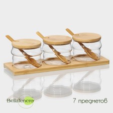 A set of glass cans for bulk products with spoons on the Bellatenero bamboo stand “Eco. Faces 