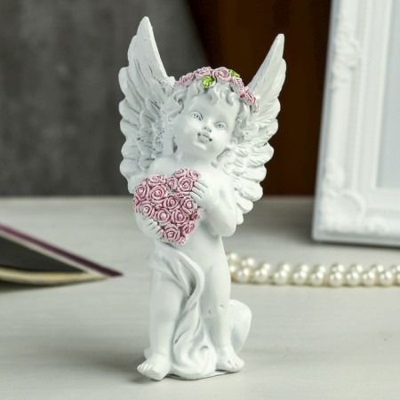 Souvenir Polystone "Angel in a pink wreath with a heart from roses" MIX 15x7.8x5.5 cm